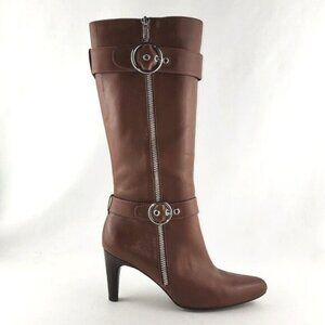 ECCO Tall Tan Brown Leather Heeled Boots Strap  Buckle Zip Feature Size 37
